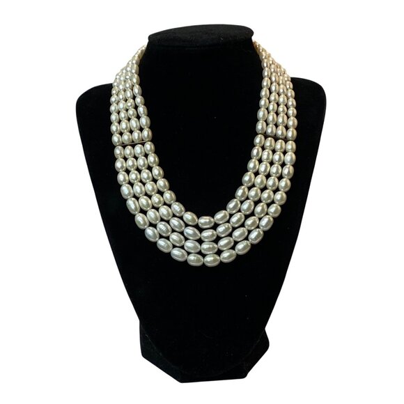 Vintage 4 Strand Pearl Necklace Layered Collar Bib Choker Sterling Silver Clasp - Picture 1 of 10